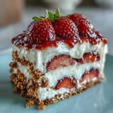 Festive no-bake icebox cake topped with vibrant strawberries and whipped cream.