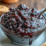 Viscous, deep red Blackberry Jalapeño BBQ Sauce shimmering with seeds.