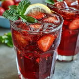 Close-up of a refreshing Hibiscus Strawberry Lemonade, garnished with fresh fruit.