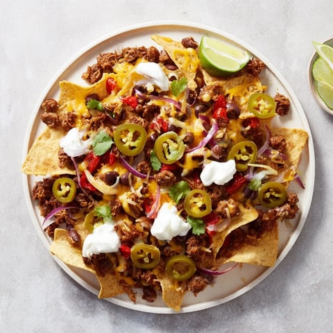 Golden, bubbly Classic Sheet Pan Beef Nachos piled high with melted cheese and fresh toppings.