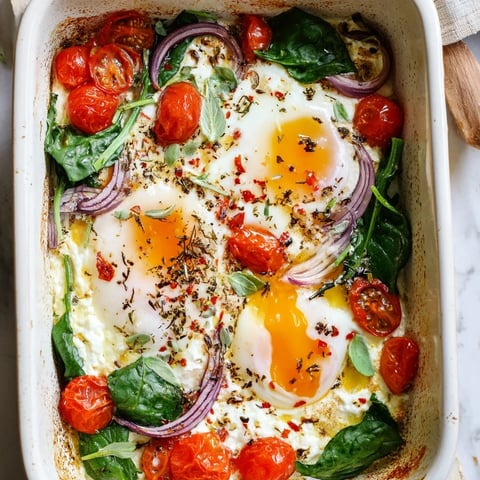 Baked Feta Eggs bubbling in a dish with roasted tomatoes, red onion, and herbs, perfect for breakfast.