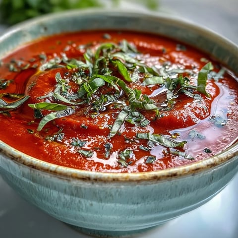Silky smooth tomato and basil soup served hot in a white bowl, garnished with fresh basil and olive oil, paired with crusty bread.