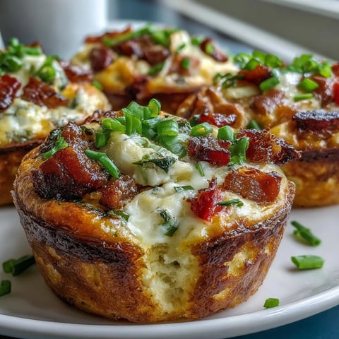 Golden-brown Breakfast Egg Muffins with melted cheddar cheese, crumbled bacon, and colorful bell peppers, served warm for a quick morning meal.