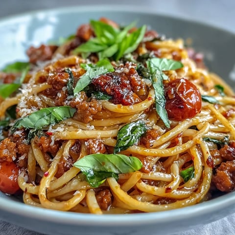 Steaming Italian Drunken Noodles with spicy sausage, cherry tomatoes, and fresh basil on a dinner plate.