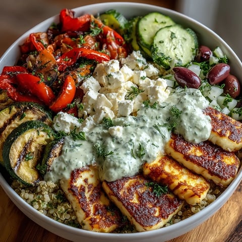 Charred zucchini, bell peppers, and eggplant sit atop nutty quinoa in this Healthy Grilled Mediterranean Bowl, finished with tzatziki.