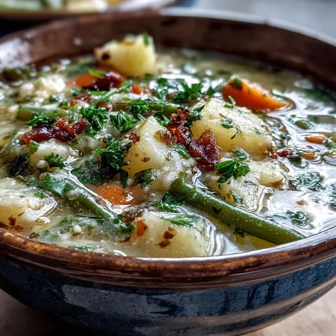 Creamy Amish Snow Day Soup with tender vegetables and herbs simmering in a savory broth, served hot in a rustic bowl.