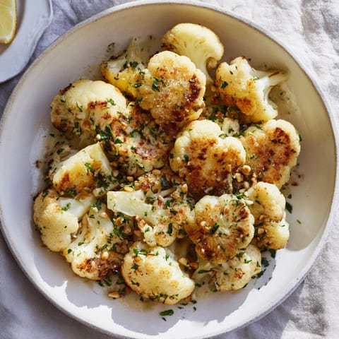 Visualize tender Roasted Cauliflower Steaks, topped with a tangy tahini sauce and fresh parsley garnish.