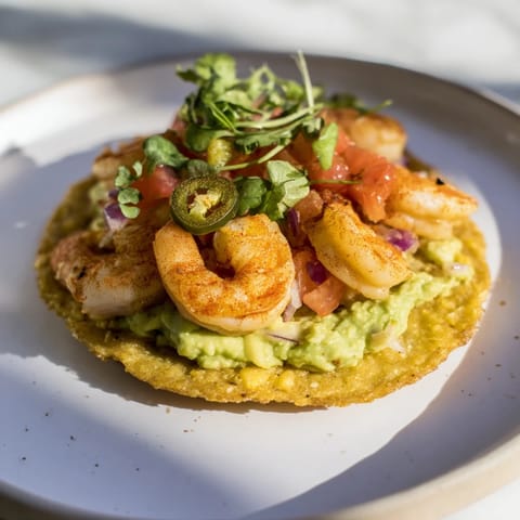 These Quick Shrimp and Avocado Tostadas showcase seared shrimp nestled on avocado, ready to enjoy with fresh cilantro.