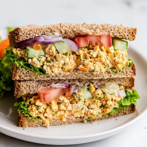 A close-up of a creamy, golden chickpea salad sandwich with visible vegetables and fresh toppings.
