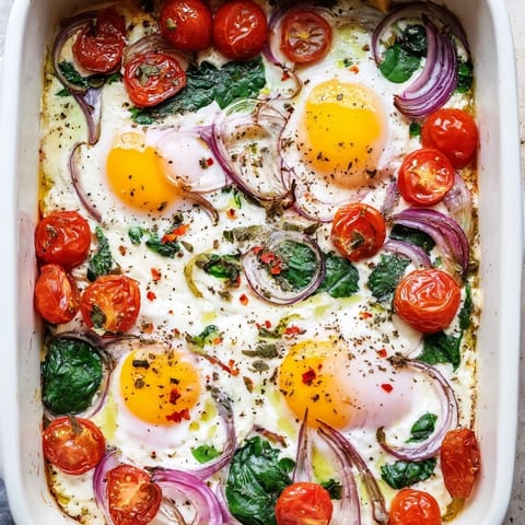 Golden, baked eggs nestle in creamy feta cheese and vibrant tomatoes, delicious in this Baked Feta Eggs recipe.