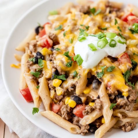 This photo shows a bubbling skillet of cheesy taco pasta, ready for a comforting family dinner.