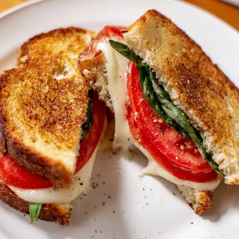 Golden-brown Tomato Basil Grilled Cheese, showcasing melty cheese, perfect for a cozy lunch.