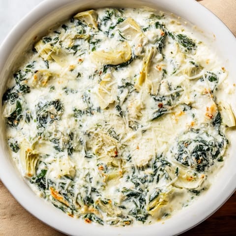 Close-up of creamy Spinach Artichoke Dip, ready to be scooped and enjoyed by everyone.