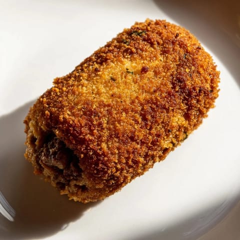A close-up shows perfectly formed Dutch croquettes, with a creamy, rich interior revealed.