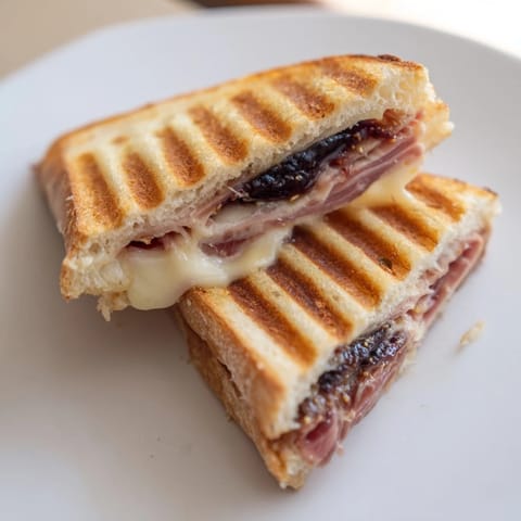 Close-up of a Crispy Prosciutto & Fig Panini, its warm, sweet fig jam contrasting with savory ham.