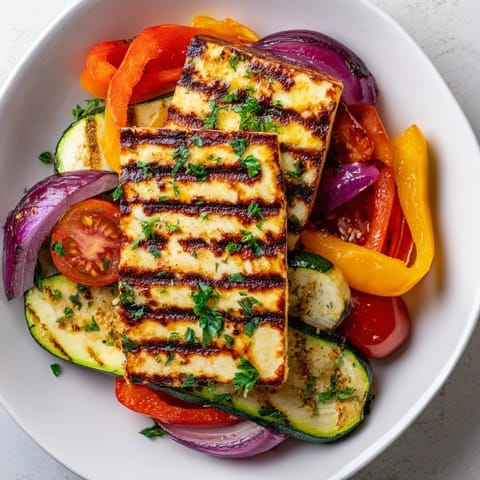 Grilled halloumi cheese steak garnished with parsley and lemon wedges, served alongside vibrant Mediterranean vegetables.