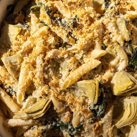 A bubbling, vegetarian Artichoke Pasta Bake topped with crunchy breadcrumbs and golden Parmesan cheese.