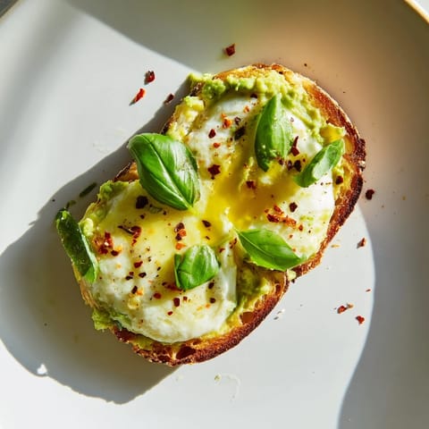 Avocado Mozzarella Tartine broiled until bubbly, served warm with a drizzle of olive oil and red pepper flakes.  