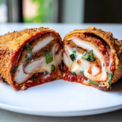 A close-up of Crispy Chicken Parm Wrap on a wooden board, garnished with fresh basil.