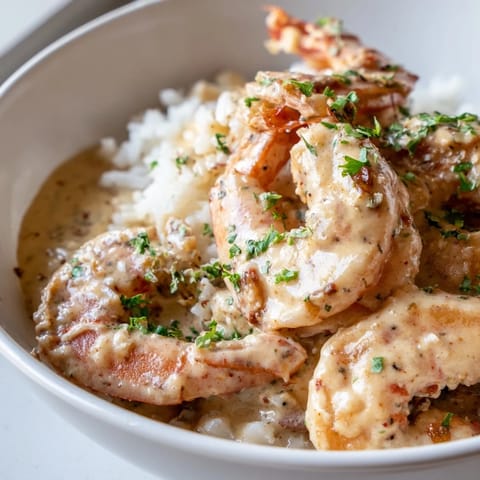 Golden-brown shrimp coated in rich cream sauce served over a bed of fragrant rice.  