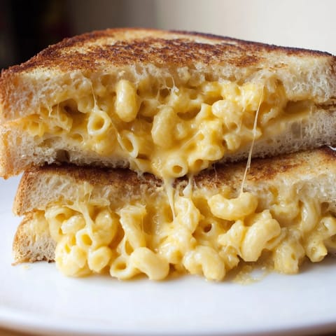 A close-up of a Mac & Cheese Grilled Cheese showcases melted cheddar and crispy buttered bread, perfect for comfort food lovers.  