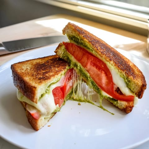 Fresh mozzarella melts between sourdough slices with juicy tomato rounds and vibrant green pesto, garnished with basil.
