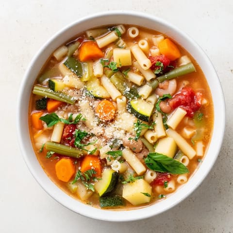 Hearty Minestrone Vegetable Soup simmering in a pot, featuring diced carrots, zucchini, and cannellini beans in a rich tomato broth with herbs.