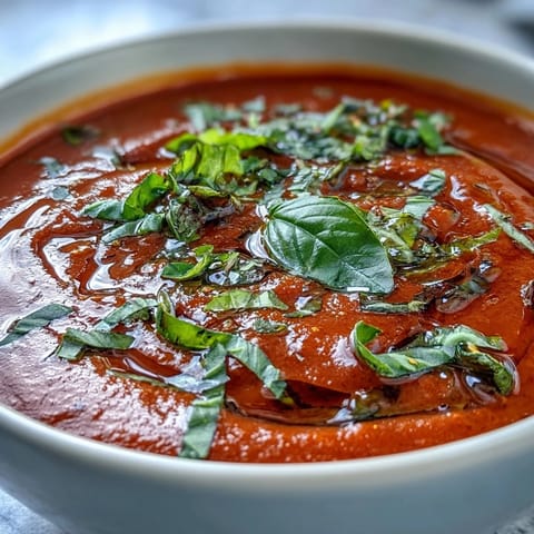 Vibrant tomato basil soup with fresh basil garnish, a refreshing Italian classic.