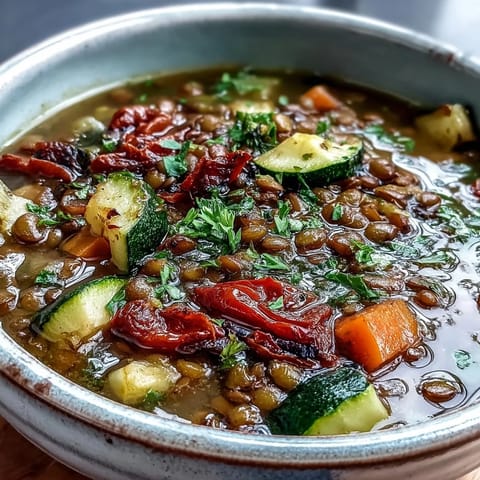 A steaming bowl of hearty Lentil and Vegetable Soup served with crusty bread, showcasing roasted carrots, celery, and red bell peppers in a savory broth.