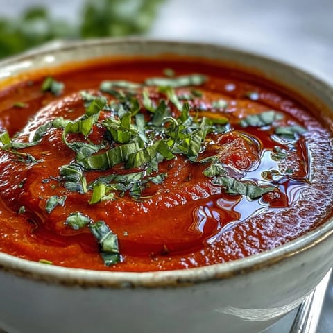 Steaming bowl of homemade tomato and basil soup with a vibrant red color, ready to serve as a comforting vegetarian appetizer or light meal.
