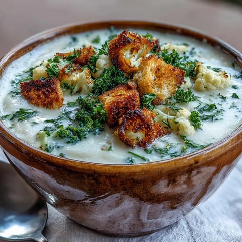 Savory Cauliflower and Broccoli Soup served steaming hot with crunchy croutons and herbs on a cozy kitchen table.
