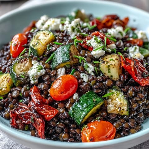 Fork-ready Black Lentil Salad features tender Beluga lentils, caramelized vegetables, and crunchy pumpkin seeds on a platter.
