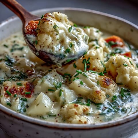 Vegetarian Cauliflower Chowder simmering in a pot, featuring tender cauliflower florets and diced carrots for a cozy meal.