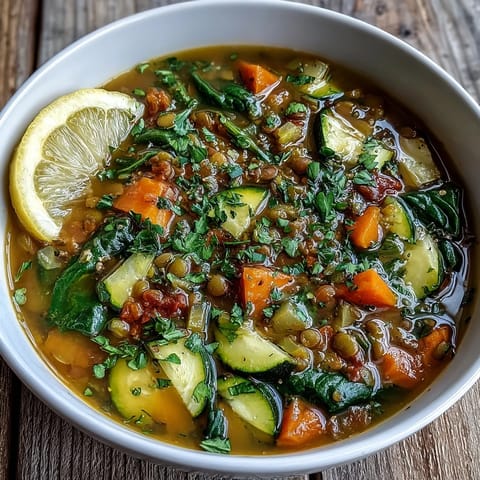 Close-up of homemade Lentil Soup garnished with fresh parsley and a lemon wedge, served with crusty artisan bread.