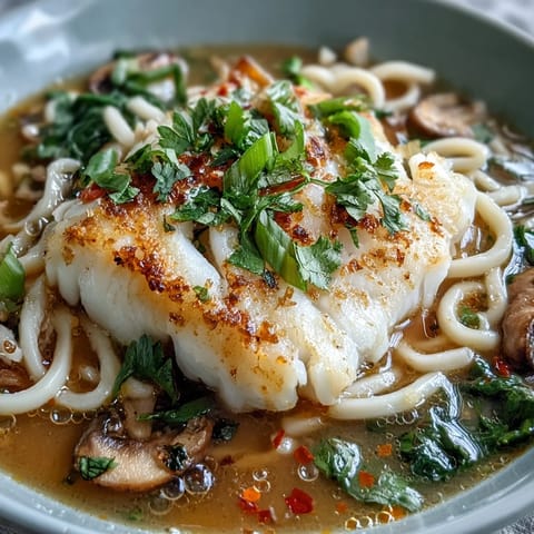Steaming bowl of Poached Cod With Spiced Coconut Broth and Udon Noodles, featuring shiitake mushrooms, julienned carrots, and sliced scallions.