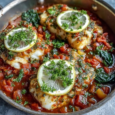 Golden flaky Spiced Cod One Pot served in a rustic skillet with fresh lemon wedges and herbs. 