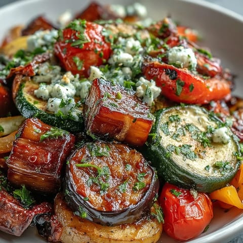 Tender Roasted Mediterranean Greek Vegetables topped with crumbled feta and fresh parsley on a rustic platter.