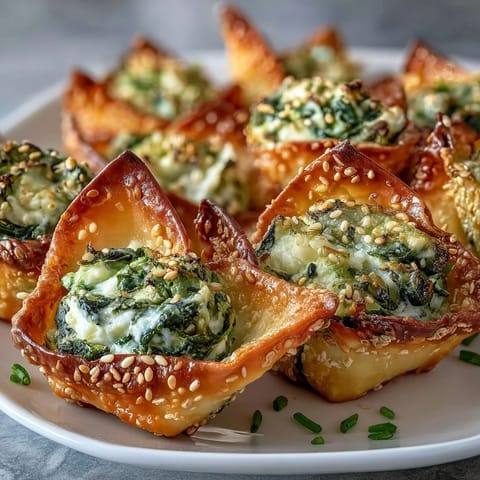 Golden-brown wonton cups filled with creamy feta and wilted spinach, served warm on a platter for a savory appetizer.  