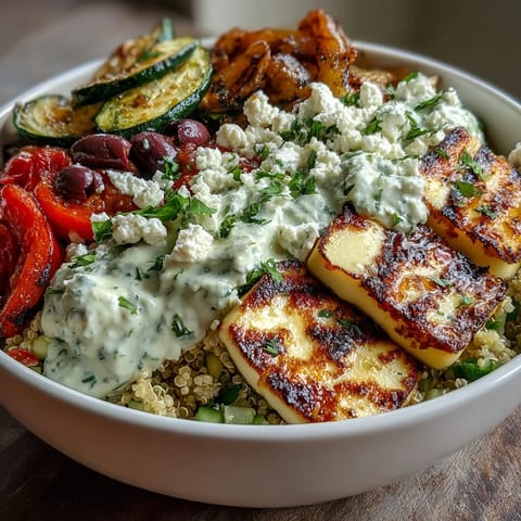 Sliced grilled chicken or halloumi adds savory protein to the vibrant Healthy Grilled Mediterranean Bowl with briny olives.