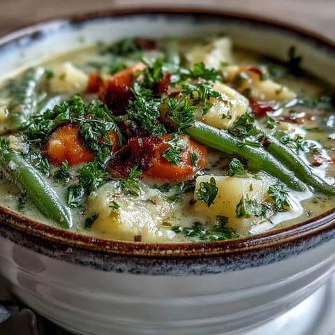 Amish Snow Day Soup featuring golden potatoes, carrots, and green beans in a velvety cream base, garnished with fresh parsley.