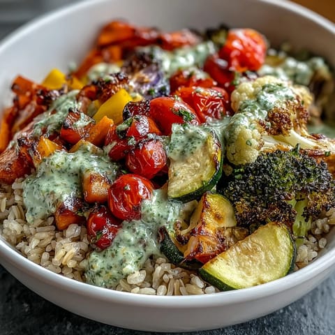 Rainbow Roasted Vegetable Bowl with tender caramelized vegetables piled on fluffy brown rice.