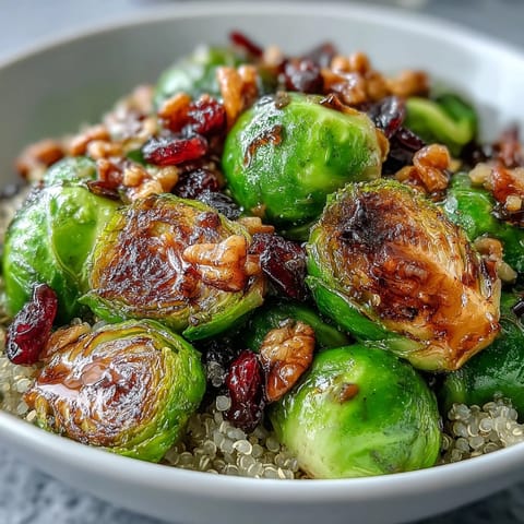 Roasted Brussels Sprouts Bowl with golden, caramelized sprouts, fluffy quinoa, and a balsamic glaze.