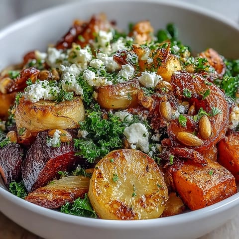 Roasted Winter Root Vegetable Bowl served warm with massaged kale, pumpkin seeds, and crumbled feta on top.