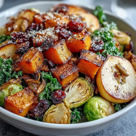 Fall Vegetable Bowl with roasted squash, Brussels sprouts, and kale topped with dried cranberries and pumpkin seeds.