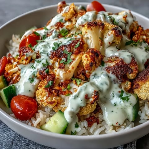 Roasted Cauliflower Bowl with fluffy rice, colorful vegetables, and creamy tahini sauce drizzled over the top.