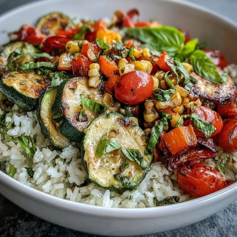 Colorful Summer Vegetable Bowl with sautéed zucchini, bell peppers, and sweet corn over fluffy rice, garnished with fresh basil. 