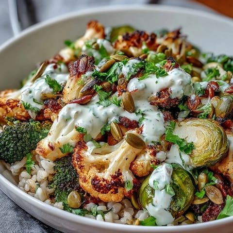 Golden roasted broccoli, cauliflower, and Brussels sprouts top fluffy quinoa in this vibrant Roasted Brassica Bowl, drizzled with creamy tahini-lemon dressing.