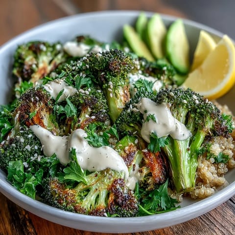 Roasted Broccoli Bowl topped with creamy tahini sauce and fresh avocado slices on fluffy quinoa.