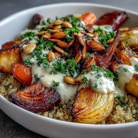 Golden roasted carrots, beets, turnips, and parsnips sit on fluffy quinoa in a Roasted Root Vegetable Bowl, drizzled with creamy tahini sauce. 