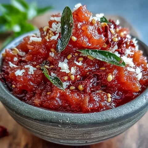 Bright orange guava chutney made with coconut and spices in a small white bowl, topped with a tempering of mustard seeds and curry leaves, ready to serve with crispy dosa.